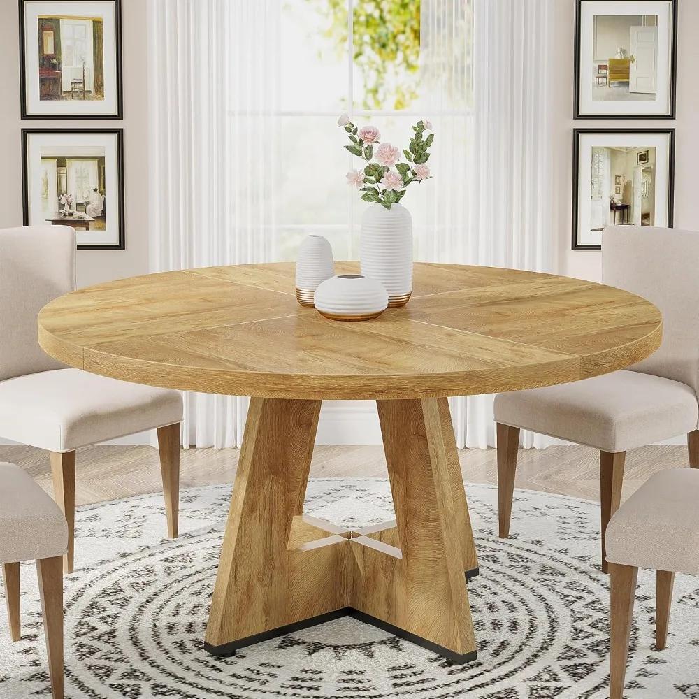 

47" Round Dining Table with Wooden Tabletop and Cross Base for 4 Adults