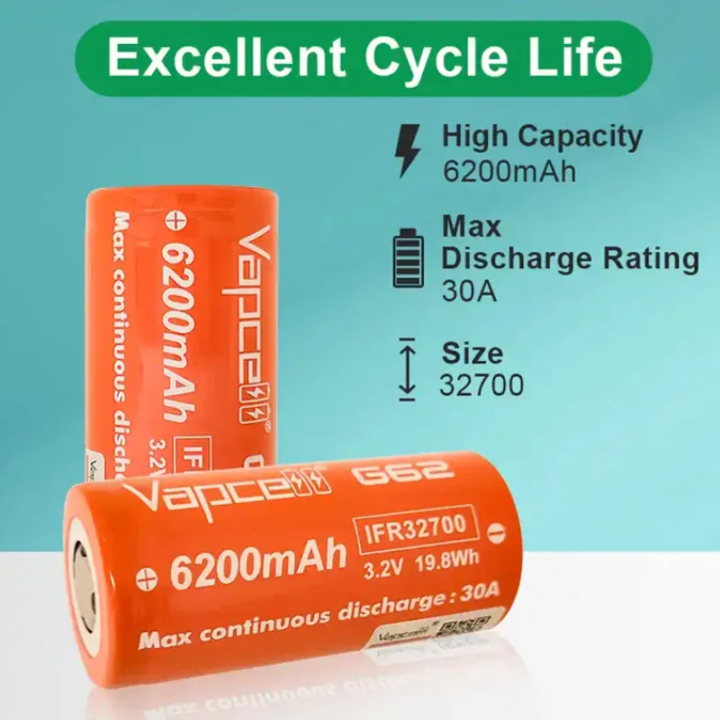 Original Vapcell G62 IFR 32700 Battery 6200mAh Capacity CDR 30A Max 55A 3.2V Lifepo4 Battery For DIY Battery Pack Flashlight