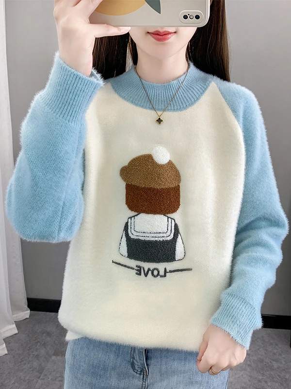 Suéter de Cuello Redondo ueso con Bloques de Color para Niñas, Invierno, Cálido, Tejido, Capa Base, Estilo Dulce, Hoado, ...