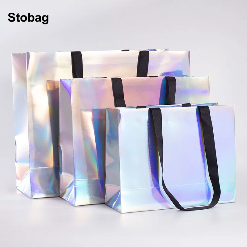 

StoBag 5pcs Laser Cardboard Shopping Tote Bags Shoulder Gift Woman's Handbag Clothes Packaging Pouch Custom Logo(Extra Fee)