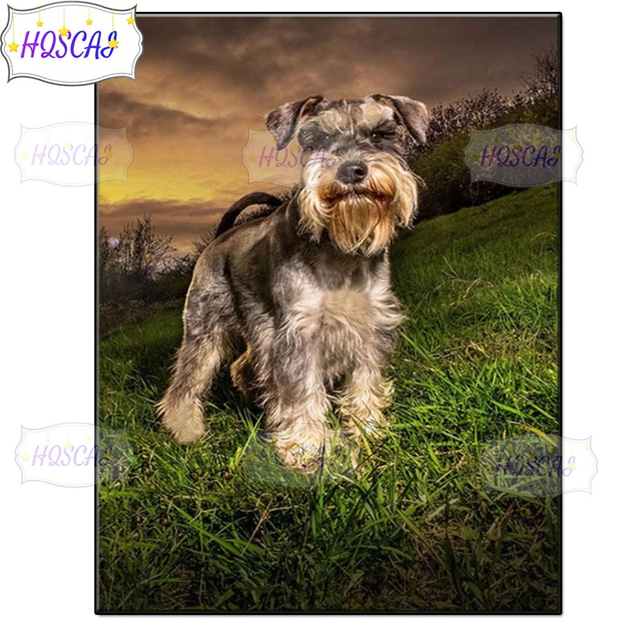 5D Sunset, Schnauzer Diamond Painting Full Square round drill Diamond embroidery Diamond Mosaic Embroidery Rhinestone decoration