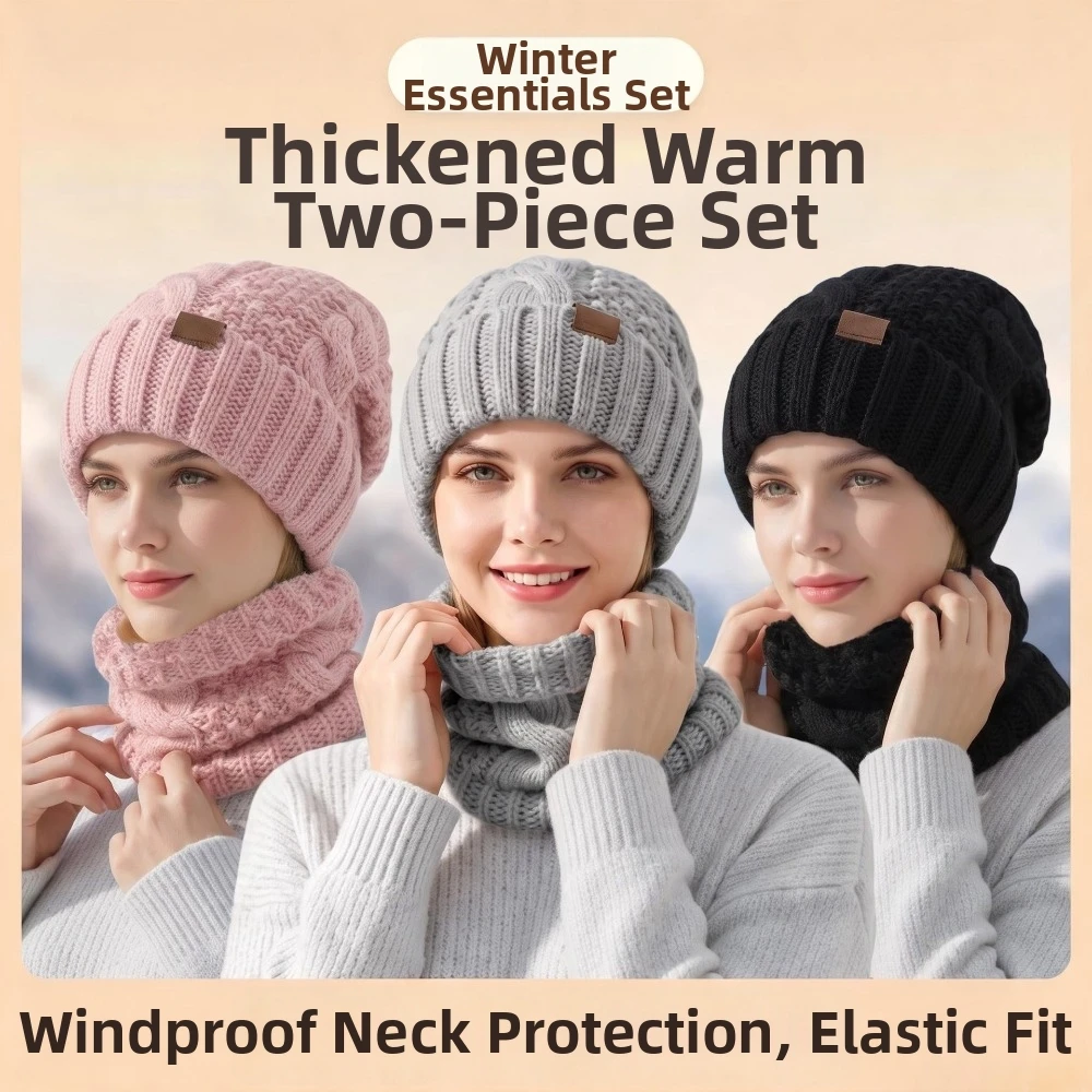 2-Piece Set Knit Hat Scarf Set Cable Knit Thermal Design Beanie Hat & Neck Gaiter Thick Warm Double Layer Winter Cap Neck Warmer