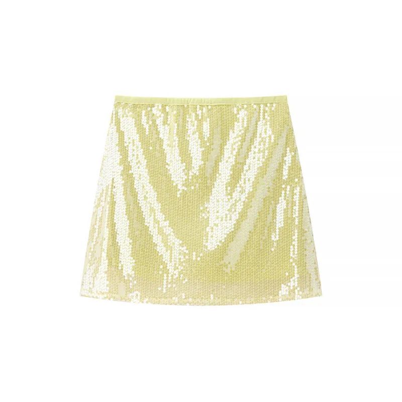 Women's Shiny Sequin Mini Skirt Spring Summer Light Yellow Bodycon Skirt for Party Clubbing Night Out Eye-Catching Outfits