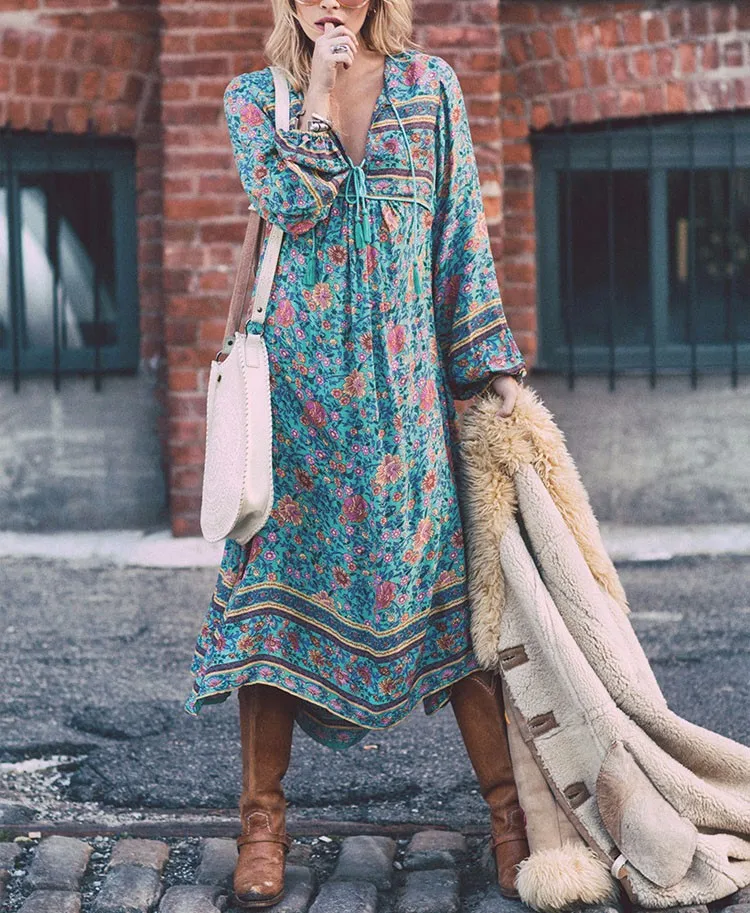 2024 Autumn Bohemian Dress Fashion Women Dress Floral Print Loose Beach Long Maxi Dress Vintage Vestidos  S-5XL