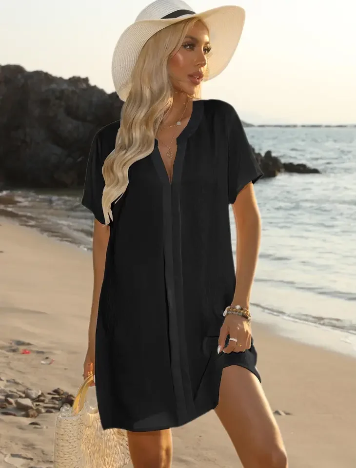 여성 여름 캐주얼 브이넥 단색 반소매 셔츠 드레스 비치 스커트, 여성용 여름 드레스 2024, 여성 드레스