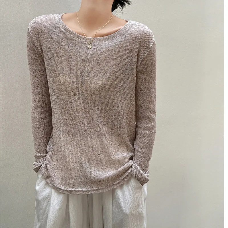 Summer fashionable thin sunscreen linen loose knitted blouse for women lazy style high-end long-sleeved T-shirt