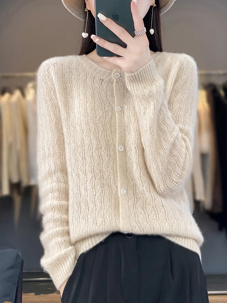 2024 Spring New Women\'s Cardigan O-neck Hollow Out Long Sleeve Sweater 100% Merino Wool Knitwear Female Grace Basic Clothing Top