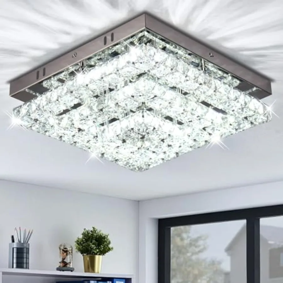 

Bedroom hallway kitchen office ceiling light, crystal and metal, cool white 6500K,modern square flush mount chandelier with int