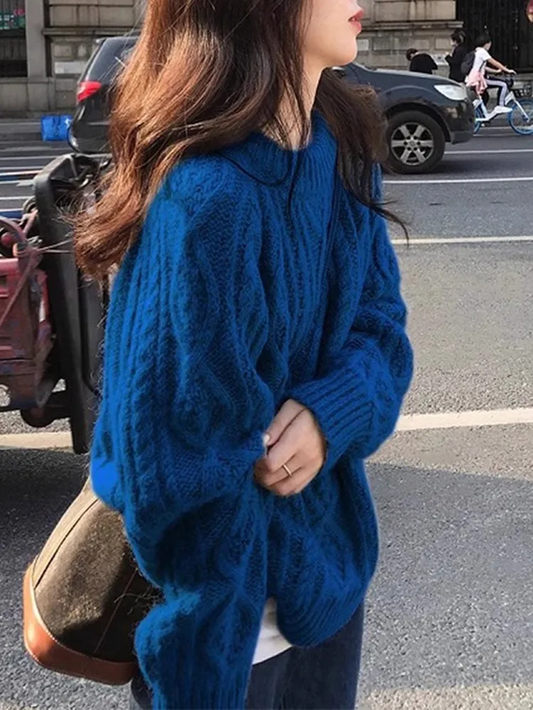 محبوك سترة المرأة الحلو الأزياء الأزرق الرجعية شارع العليا الترفيه سميكة فضفاضة تنوعا طويلة الأكمام تريكو الخريف الشتاء #3