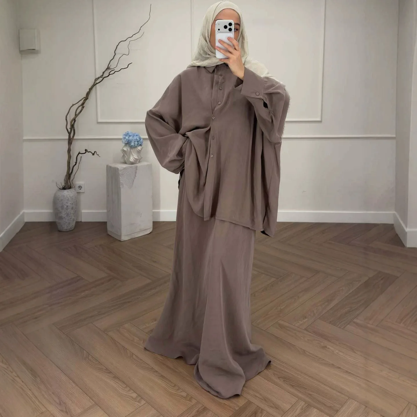Muslimisches Hosenanzug-Set für Damen: Hemd und langer Rock, 2-teilig, Dubai Islam, einreihiges Oberteil, Ensemble, Arabisch, Marokko, Eid, Freizeitoutfits