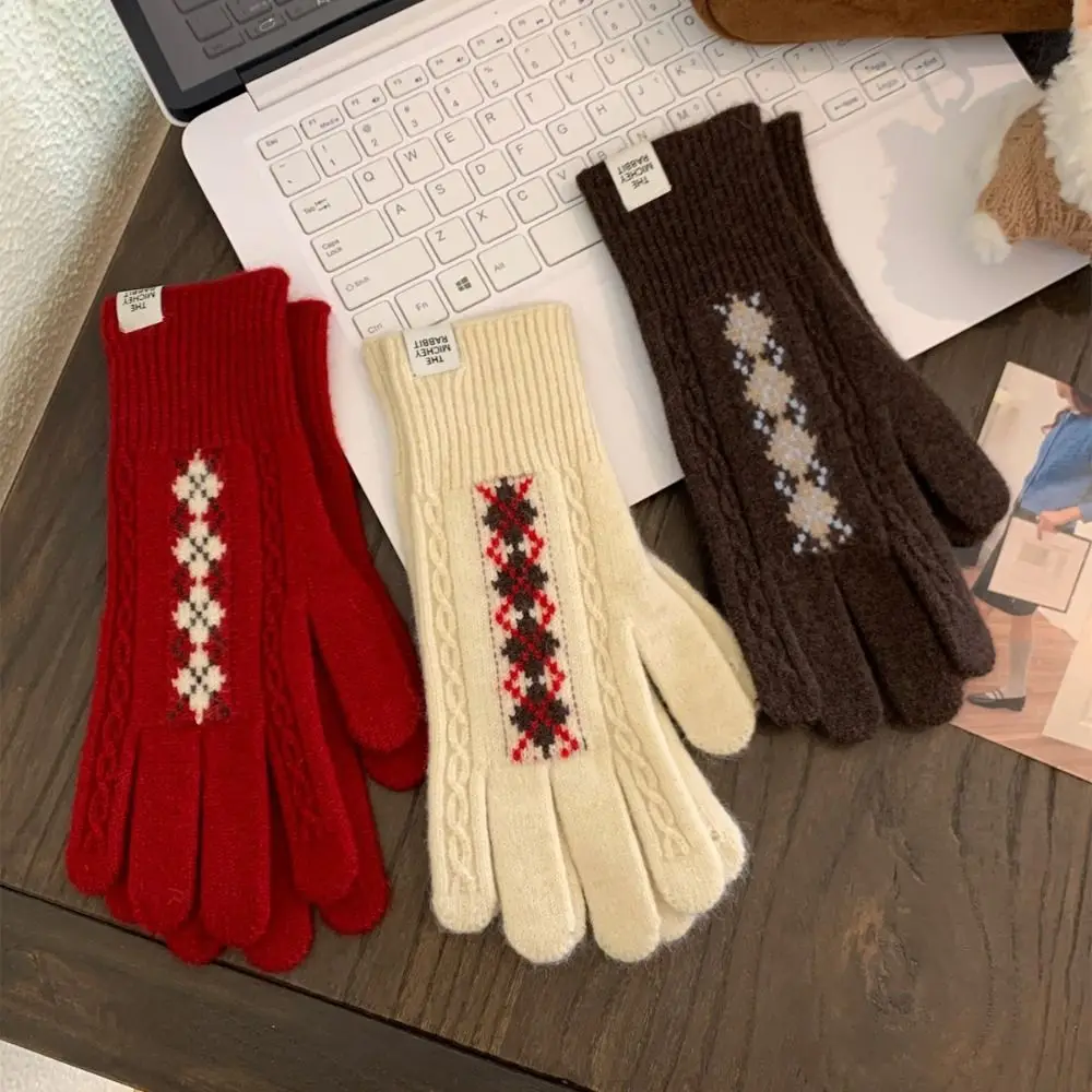 

Fair Island Style Winter Knitted Gloves Soft Thick Crosshatched Pattern Wool Gloves Warm Touch Screen Women Cycling Mittens
