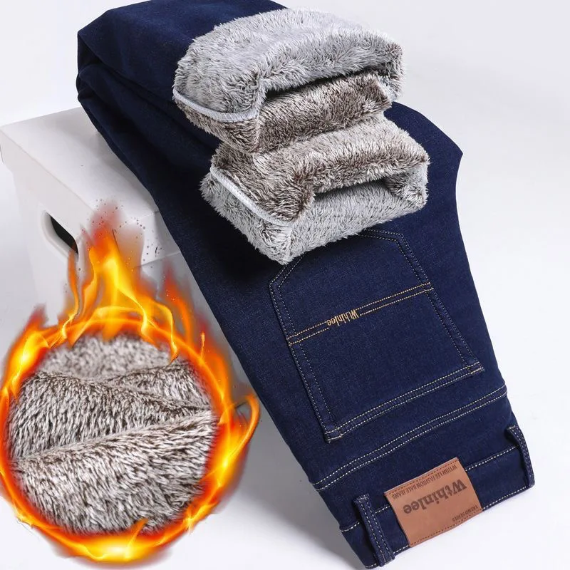 

Зимние новые модные однотонные джинсы из толстого флиса и теплые прямые джинсы для мужчин, повседневные свободные спортивные джинсы высокого класса