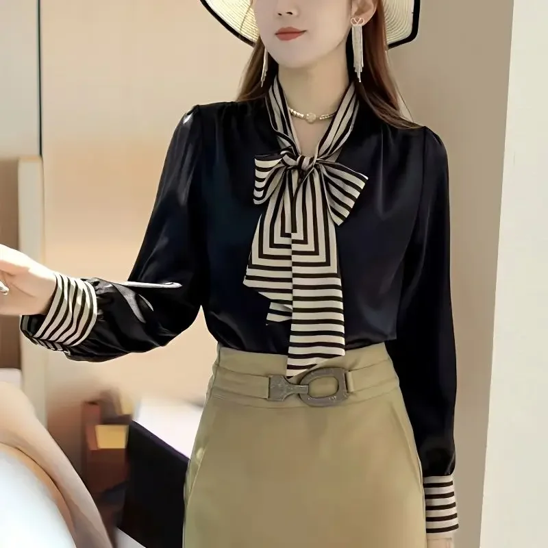 

Spring New Chiffon Striped Shirt Tops Long Sleeve Bow Lacing Loose Solid Plus Size Blouse Office Fashion Elegant Women Clothing