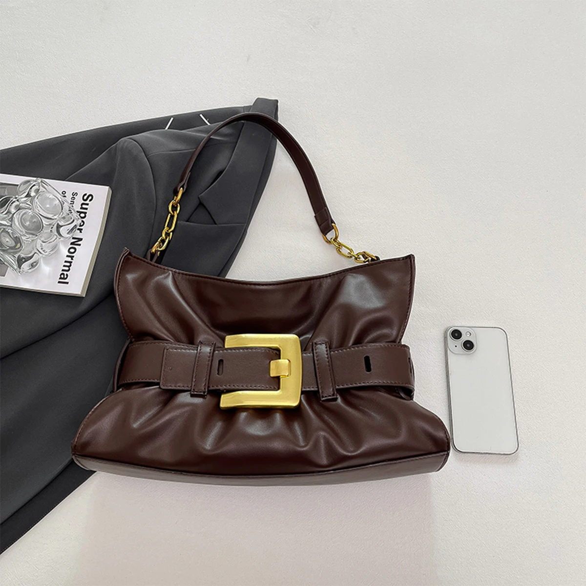 

Shopping Office Ladies Fashion Bucket Bag Shiny Surface Gold Accent Spacious Chain Strap Wear Proof Zipper Closure Handbag