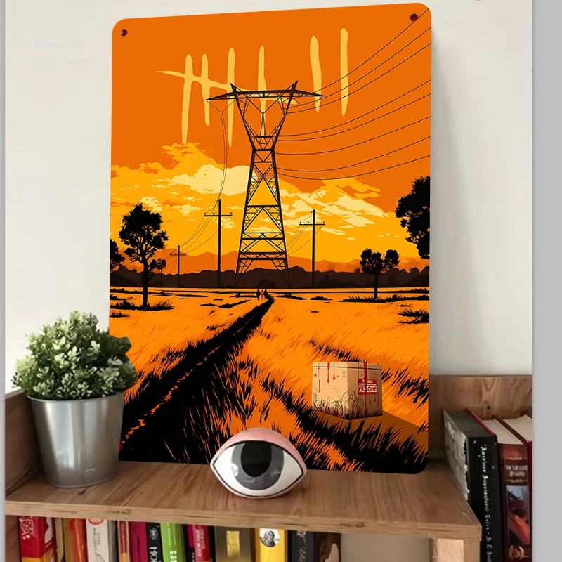 Sunset High Voltage Tower Landscape Metal Wall Art Modern Home Decor Living Room Bedroom Hanging Decoration
