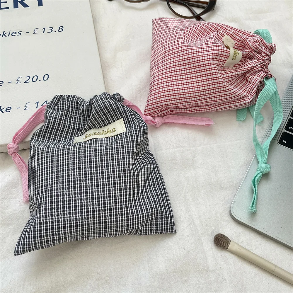 Women's Makeup Bags Korean Plaid Storage Bag Multifunctional Portable Compact Coin Purse Simple Drawstring Harajuku Kawaii Sweet