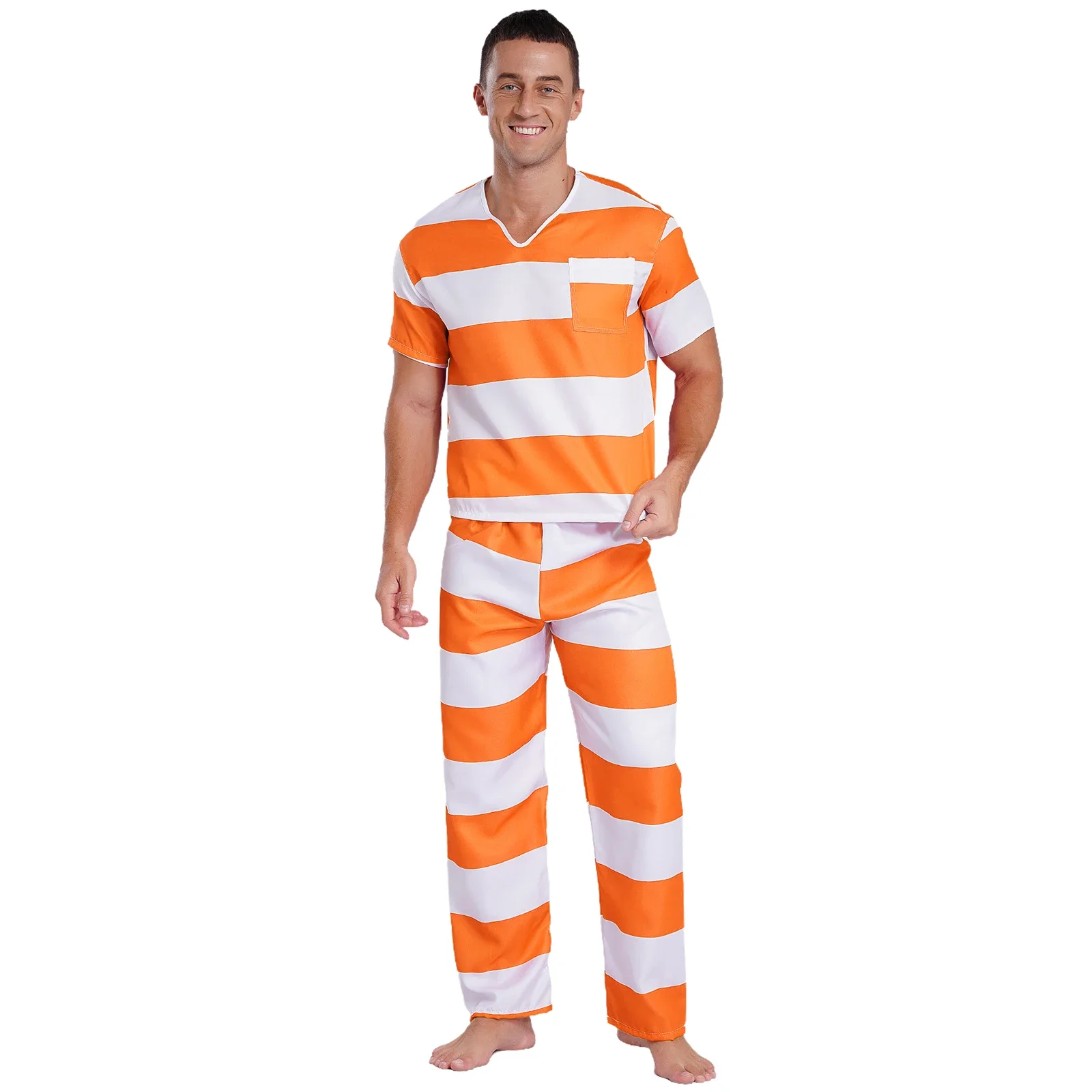 

Mens Prisoner Costume Uniform Halloween Guilty Prisoner Sets Striped Short Sleeve Shirt Top and Pants Jailbird Convict Outfits