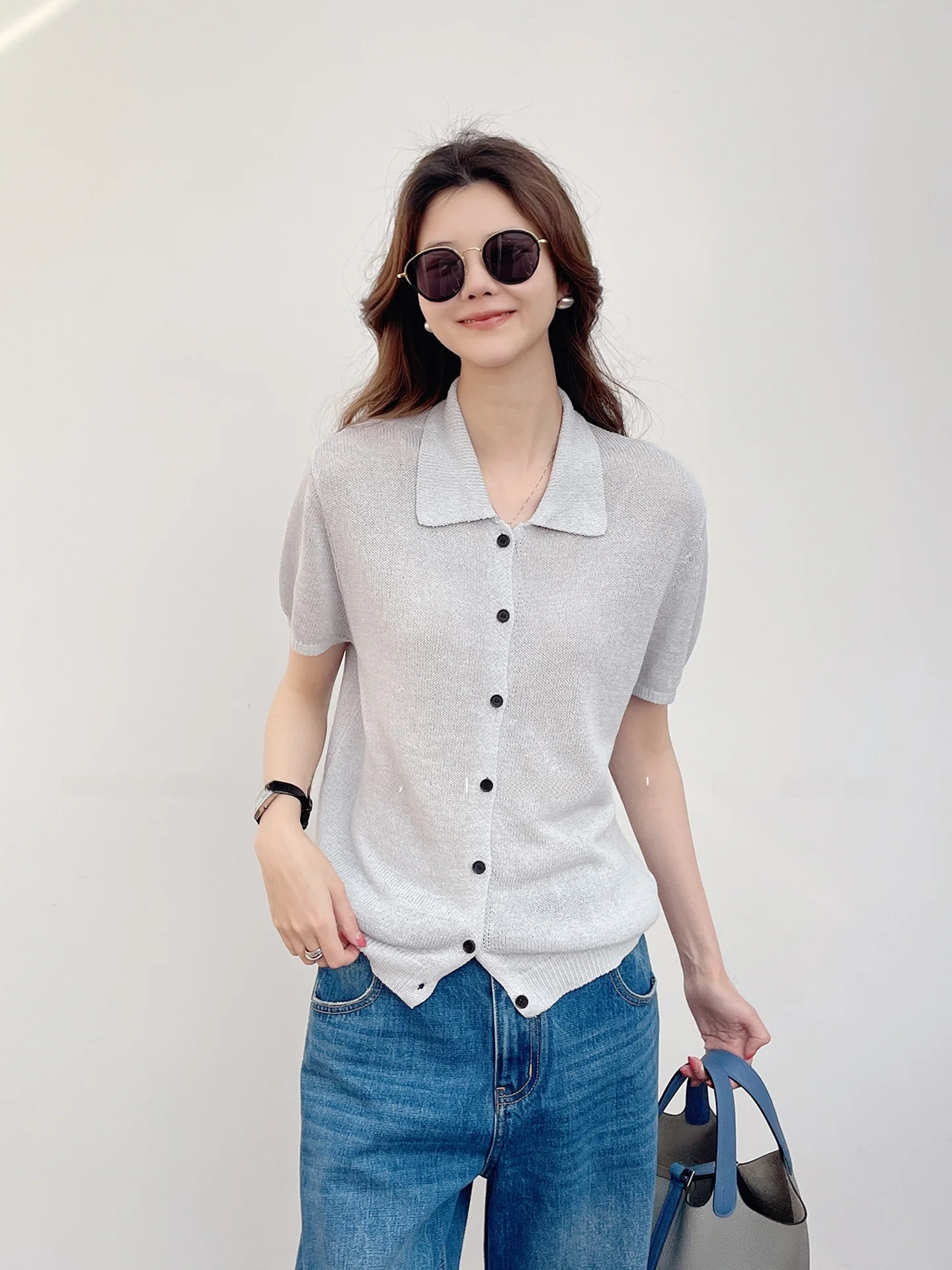 

Minimalist Korean Style Short Sleeve Knitted Cardigan Shirt Breathable Loose Fit Cotton Rayon Blend Spring 2026 Ladies Fashion