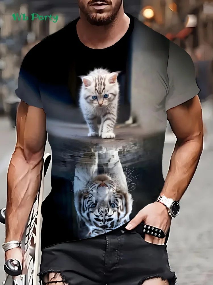 جديد ثلاثية الأبعاد القط تي شيرت مطبوع الصيف في الهواء الطلق الرجال قصيرة الأكمام المحملة موضة الجولة الرقبة الرجال بلايز عادية المتضخم ملابس للرجال
