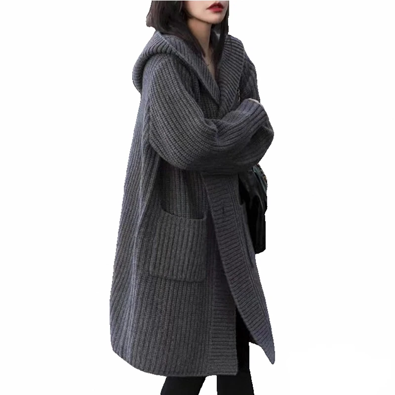 Autumn New Korean Single Breasted Hooded Sweater Jacket Elegant Solid Color Medium Long Cardigan Casual Loose Women's Knitwear