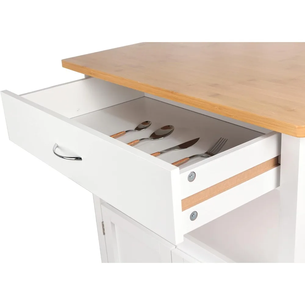 عربة جزيرة المطبخ مع سطح من الخيزران ودرج وخزانة تخزين وعجلات باللون الأبيض #3