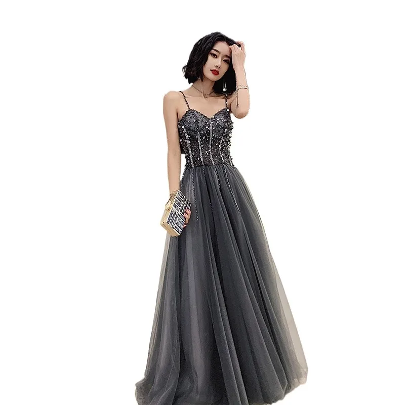 2025 New Women's Sexy Glitter Strap Long Style Banquet Fairy Evening Dress Fashionable and Skinny Celebrity Host Dress