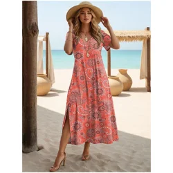 Women's Paisley Dress Casual Split V-Neck Long Dress Maxi Dress Ethnic Tribal Holiday Dresses Summer Short Sleeve Woman Clothing