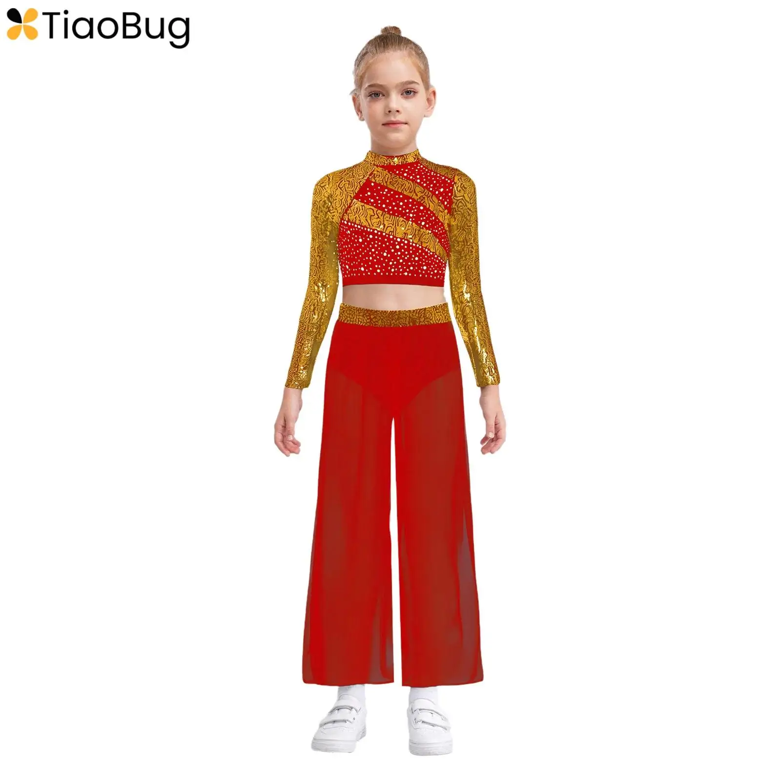 

Kids Girls Jazz Dance Outfit Long Sleeved Sparkly Sequins Crop Top+Side Slit Wide-leg Pants Latin Tango Salsa Modern Costume