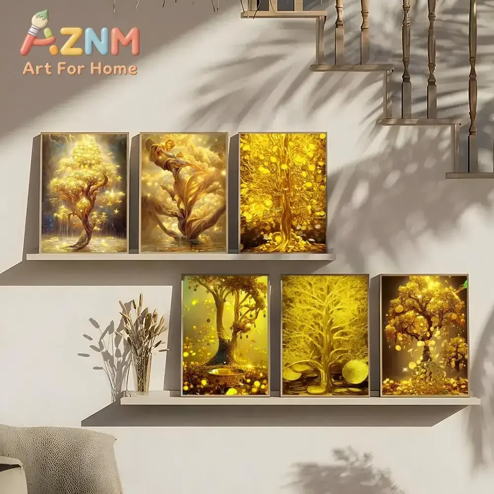 AZNM Golden Money Tree Canvas Painting Frameless Wall Art Glowing Wealth Tree Coin Fantasy Abstract Poster Living Room Home Deco