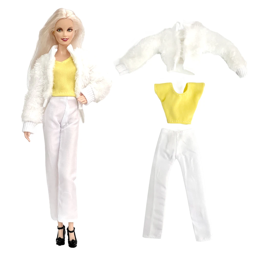 NK Official  Winter Fashion Suit For Barbie Doll Clothes  white plush jacket + yellow crew neck shirt +  trousers