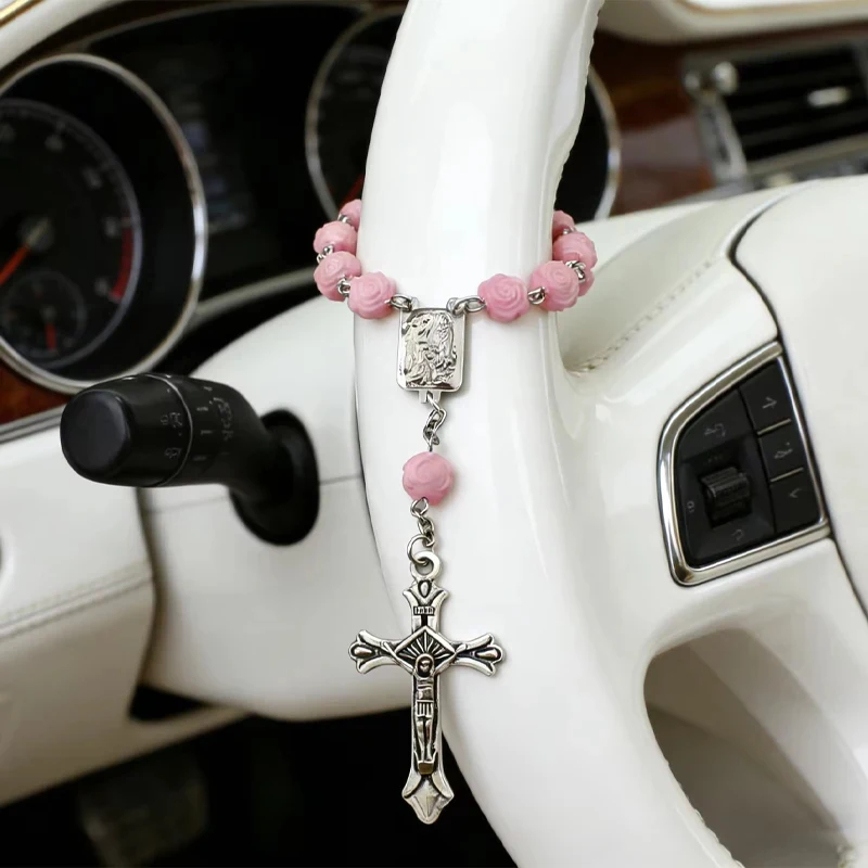 Vintage Silver Crucifix Car Charm Pink Flower Beads Vehicle Interior Decor Prayer Rosary