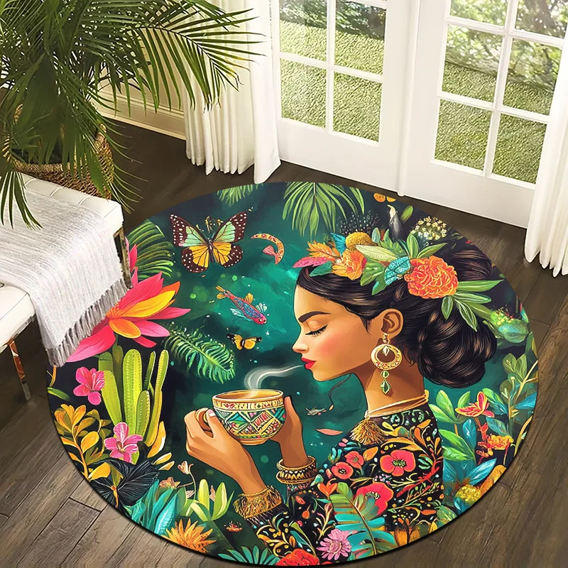Bright tropical folk art Flannel-printed round floor mats are slip-resistant Suitable living room bedroom terrace garden carpets