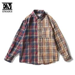 Men Loose Casual Long Sleeve Plaid Splice Harajuku Streetwear Cityboy Fashion Shirts Women Blouses Unisex Campus Couple Shirt