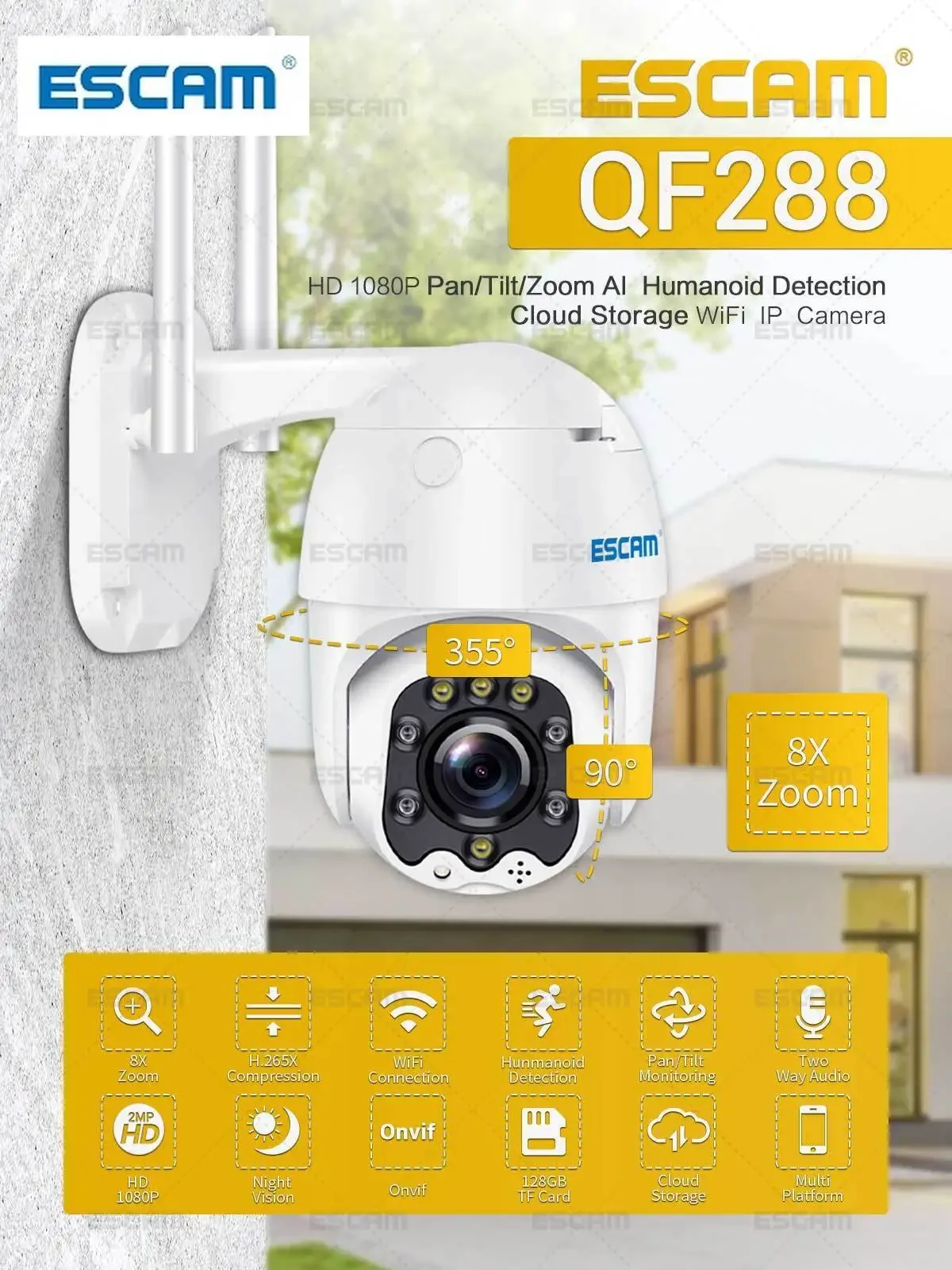 QF288 1080P Pan/Tilt/8X Zoom AI Humanoid detection Cloud Storage Waterproof WiFi IP Camera with Two Way Audio