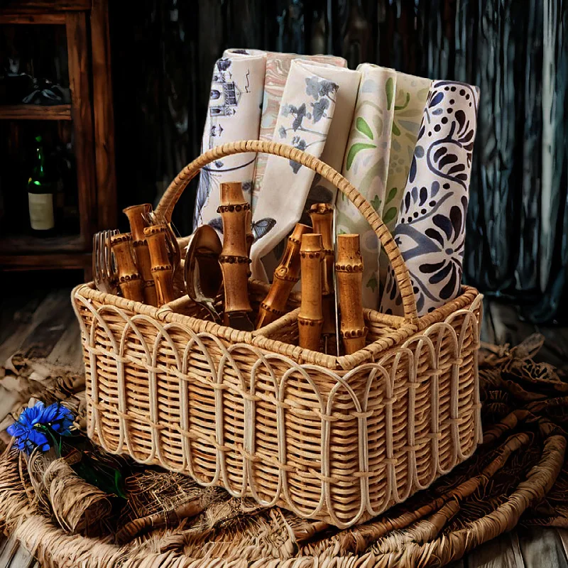 

Cross-border rattan partition storage basket, kitchen restaurant tableware, fork, spoon, napkin storagebasket, woven storag ba