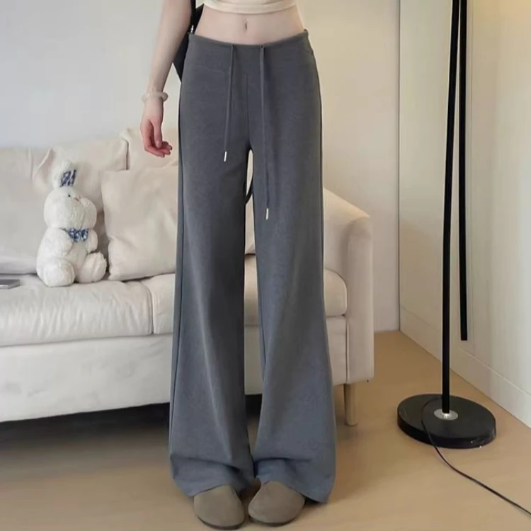 Women Wide Leg Sweatpants High Waist Drawstring Loose Straight Cotton Fall Casual Pants Petite Gray Drape Trousers