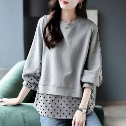 New Spring and Autumn Fashion Trend Stripe Polka Dot Patch Loose Versatile Fake Two Piece Round Neck Women's Long Sleeve Sweater