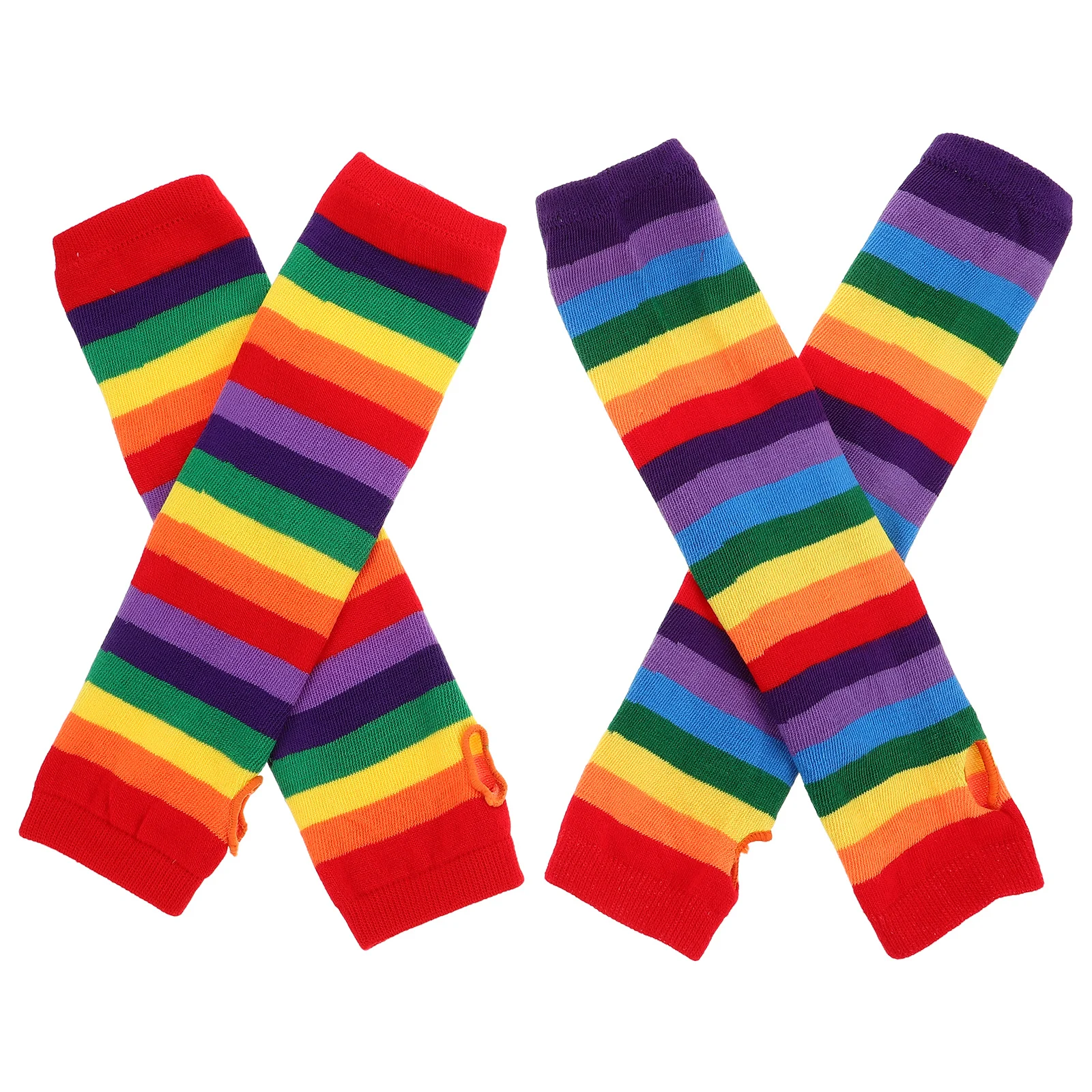 

2pcs Rainbow Fingerless Gloves Hand Knitted Arm Warmers For Women , Colorful Striped Winter Costume Accessories, Pride