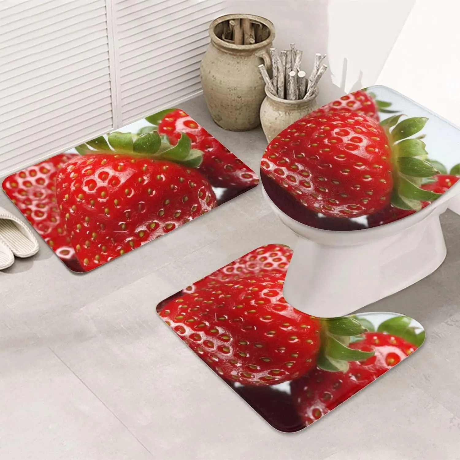 Red Strawberry Fruit Bathroom Rugs Sets 3 Piece, Non Slip Absorbent Bath Rug U-Shaped Contour Toilet Rug with Toilet Cover
