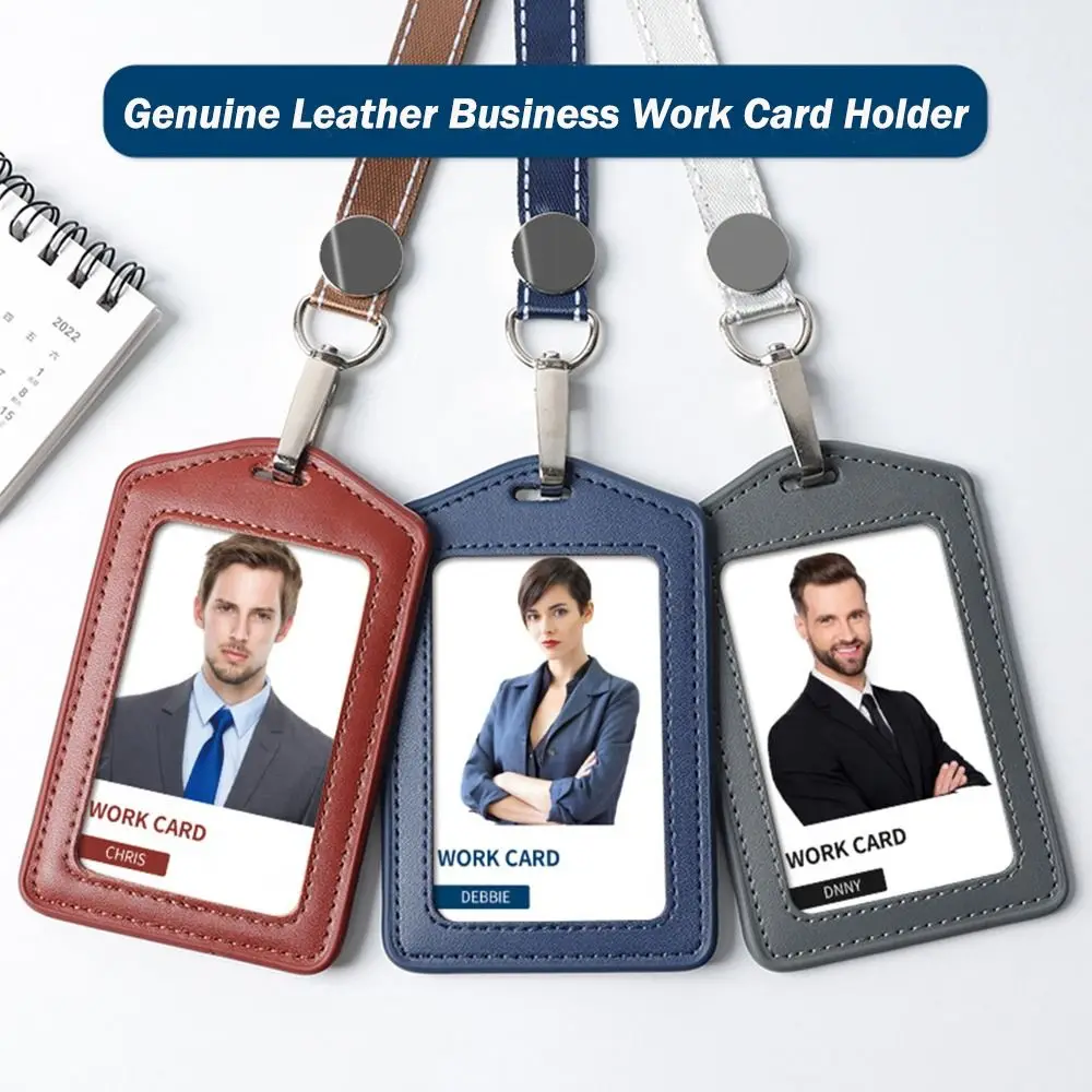 목 끈이있는 고품질 정품 가죽 작업 카드 홀더 솔리드 컬러 ID 카드 커버 사무원 용품