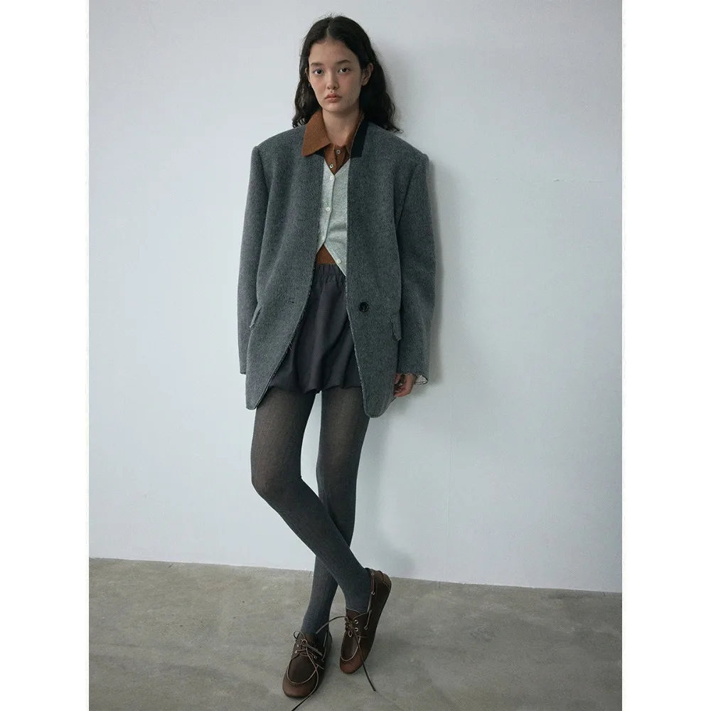 GALCAUR Colorblock Loose Spliced Single Button Blazers for Women V Neck Long Sleeves Patchwork Pockets Coat Female Clothing New