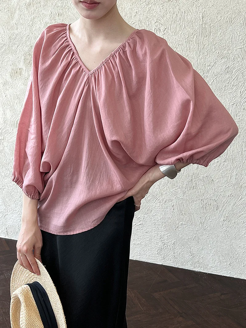 

Batwing Sleeve V-neck Blouse For Women Summer Loose Shirt