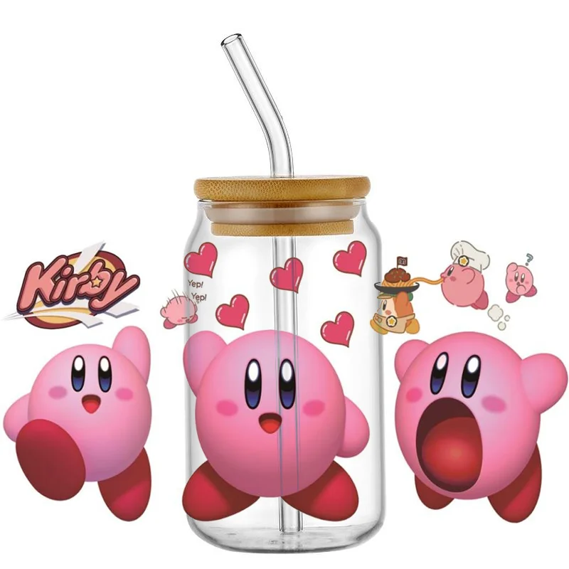 Action Games Kirby Pattern UV DTF Transfer Sticker Waterproof Transfers Decals For 16oz Glass Cup Wrap Stickers