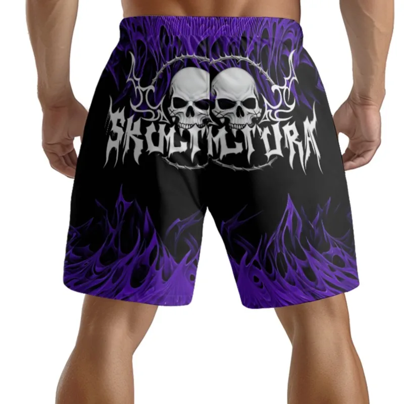 Two Skulls Print Men's Drawstring Waist Shorts Quick Dry Breathable Beach Shorts Casual Polyester Sport Shorts For Men