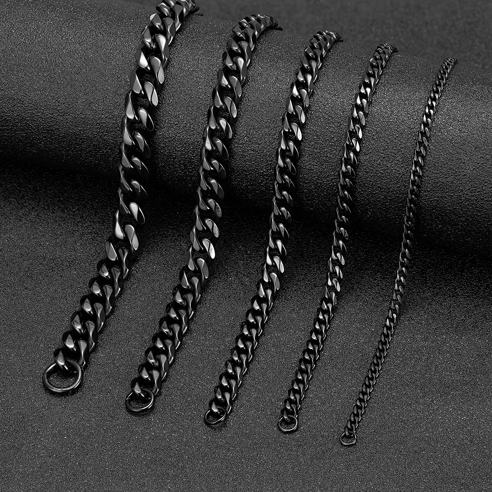 MKENDN Punk Men 3-11mm Stainless Steel Black Dainty Curb Cuban Link Chain Bracelets for Women Unisex Solid Jewelry Gifts