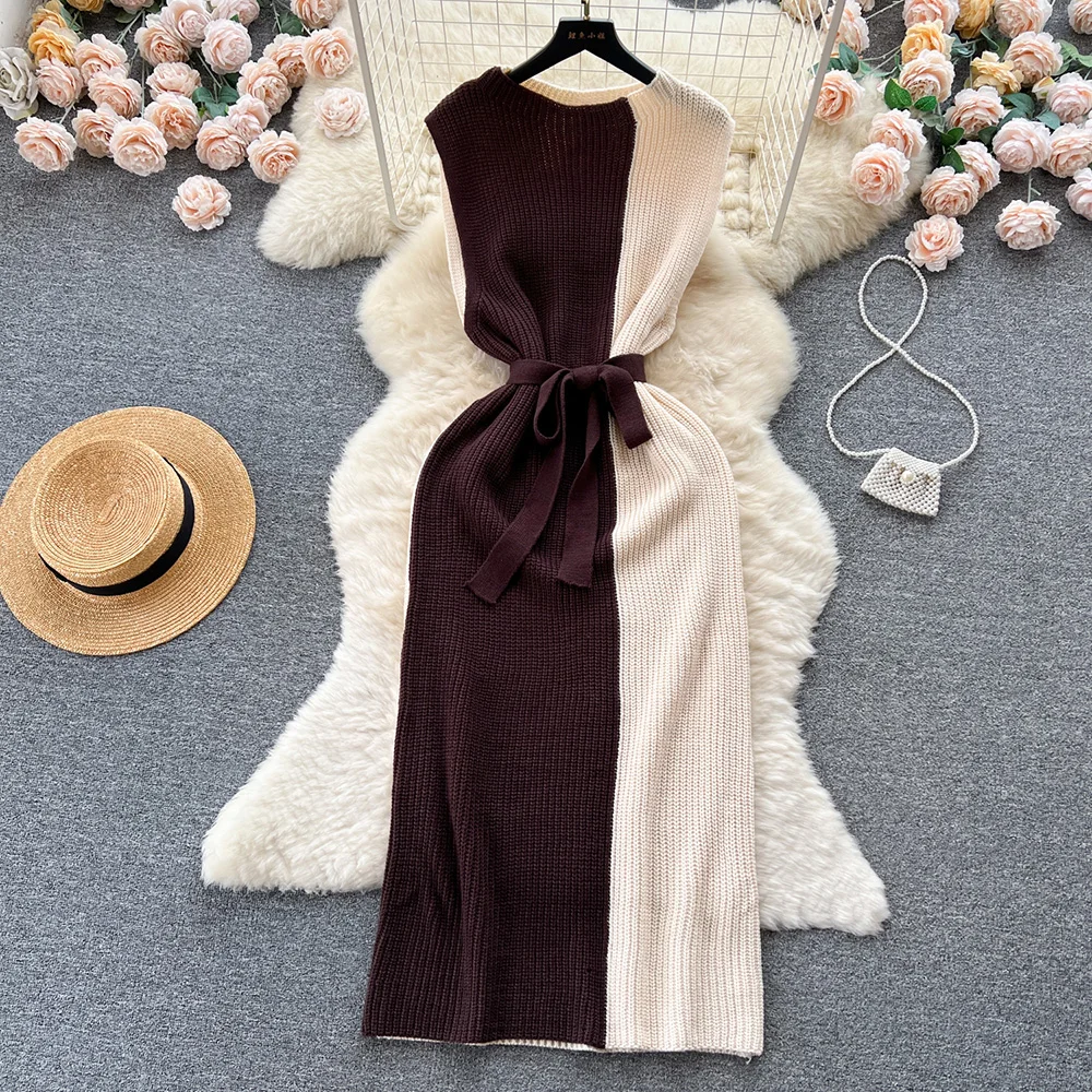 

Croysier Autumn Winter Clothes Women 2023 Round Neck Sleeveless Elegant Sweater Dress With Belt Patchwork Knitted Midi Dress