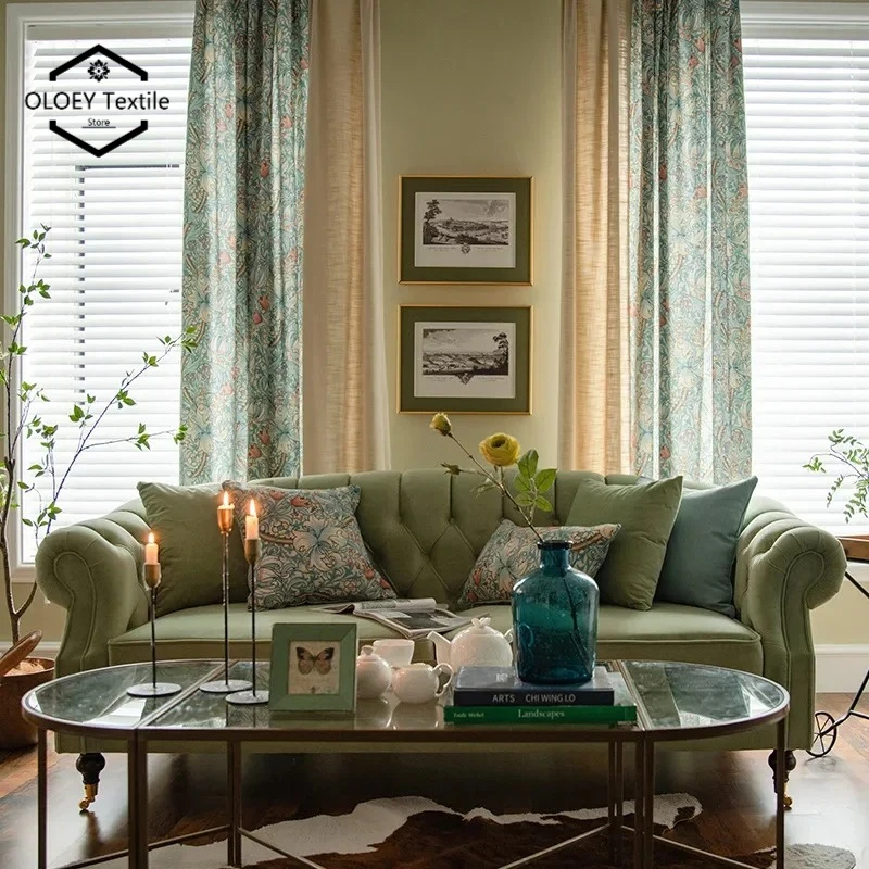 

American Country Curtains for Living Room Bedroom Retro Green Curly Print Semi Shading Window Fabric Rustic Decor Cotton Drapes