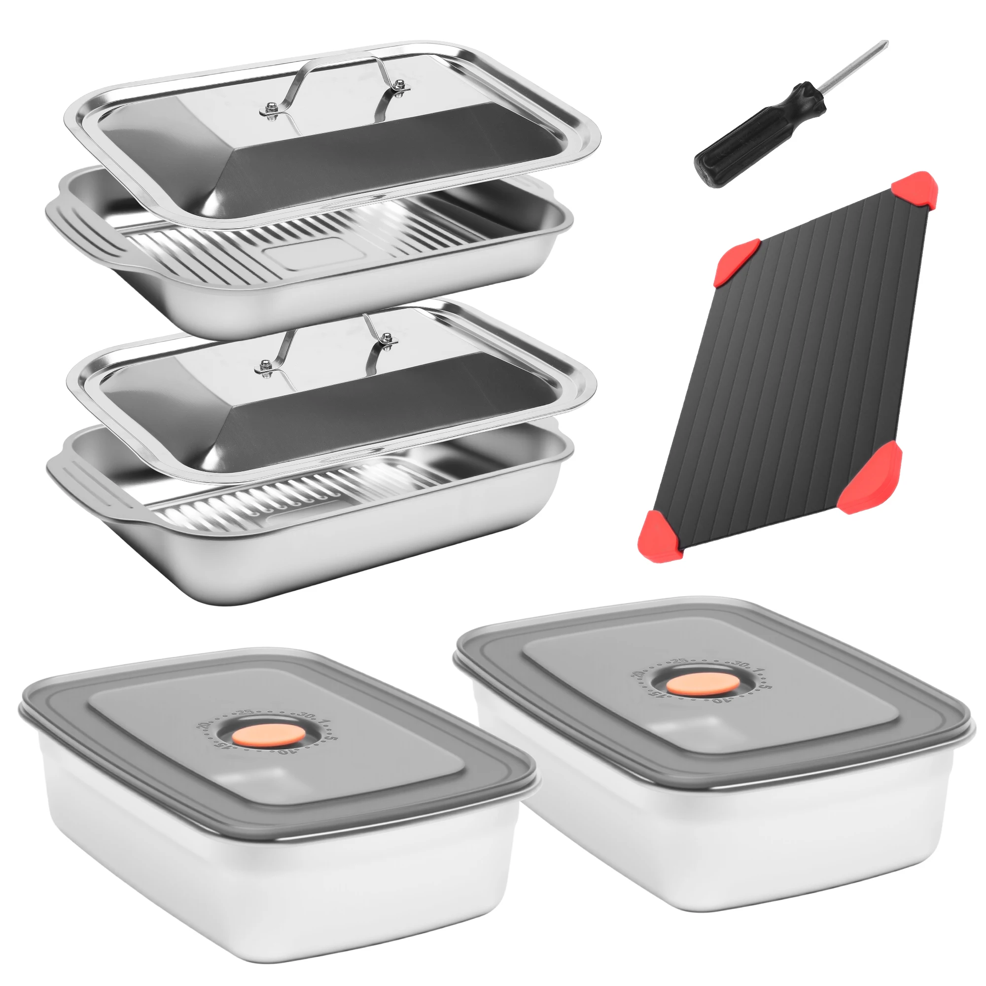 Juego de 8 bandejas para preparar a la parrilla, bandeja para hornear de acero inoxidable con tapa, bandejas para preparar y servir a la parrilla, bandejas para galletas, 2 recipientes para marinadas con tapas, tabla de cortar