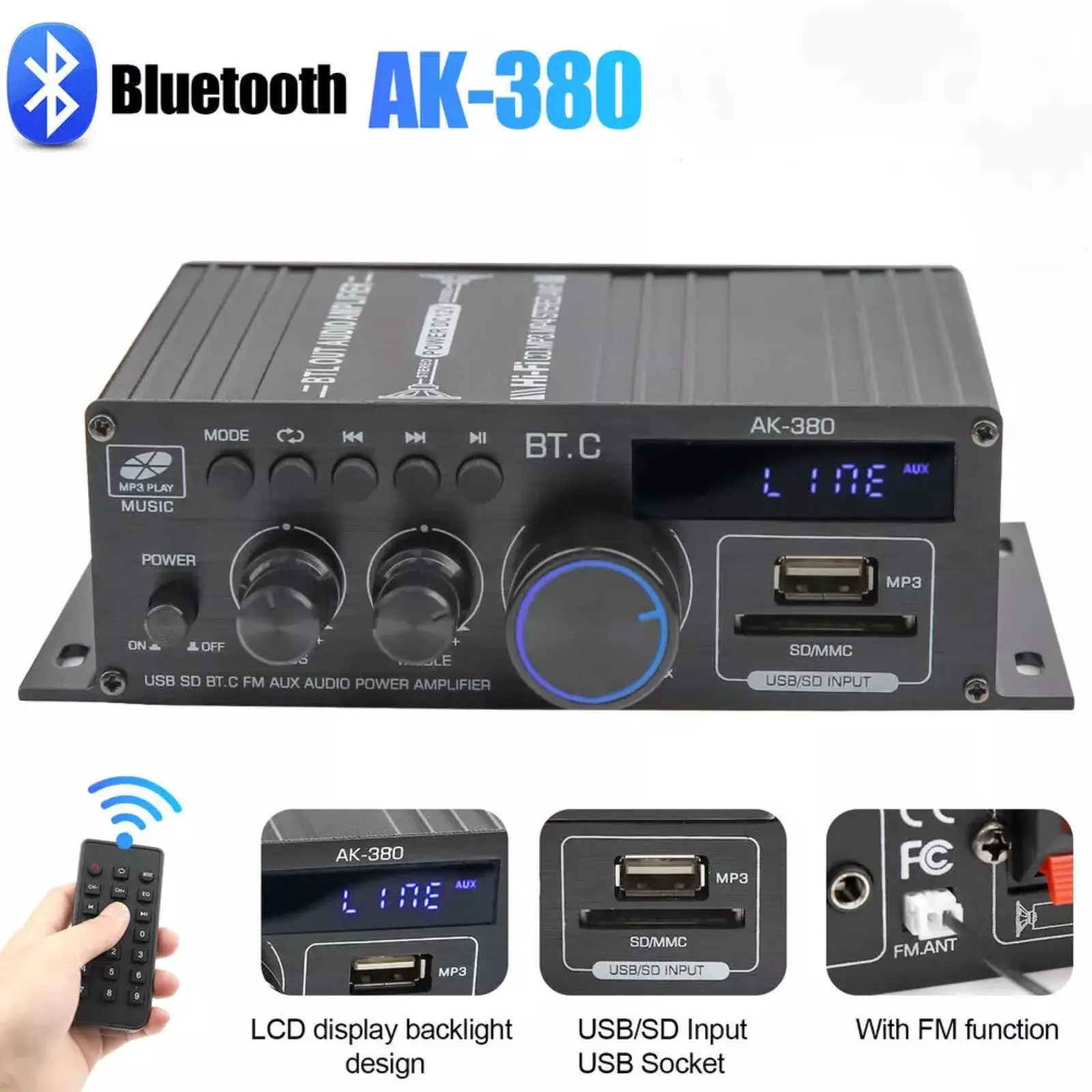 

AK380 12V Bluetooth Power Amplifier Home Car Class D HiFi Amp Max 800W Stereo Bass Audio Amps Support FM MP3 Player USB SD input