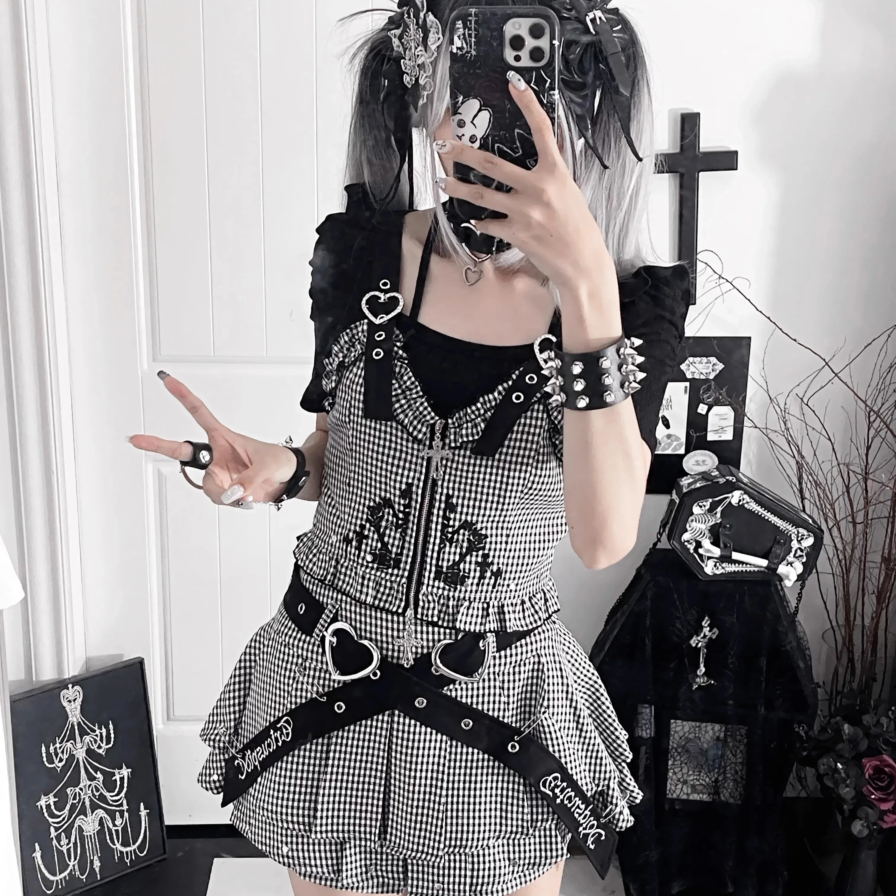 Original Subculture Dark Gothic Plaid Skirt Set Summer Women's Slim Fit Sweet Cool Knitted Top Zipper Vest Mini Skirt Outfits